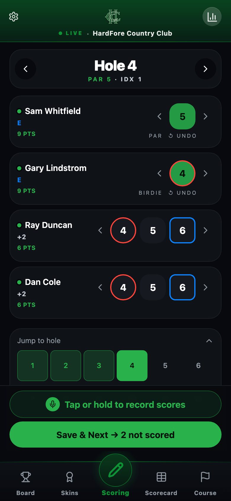 A member’s scorecard on a phone: hole 4, par 5, four players, each score entered with one tap