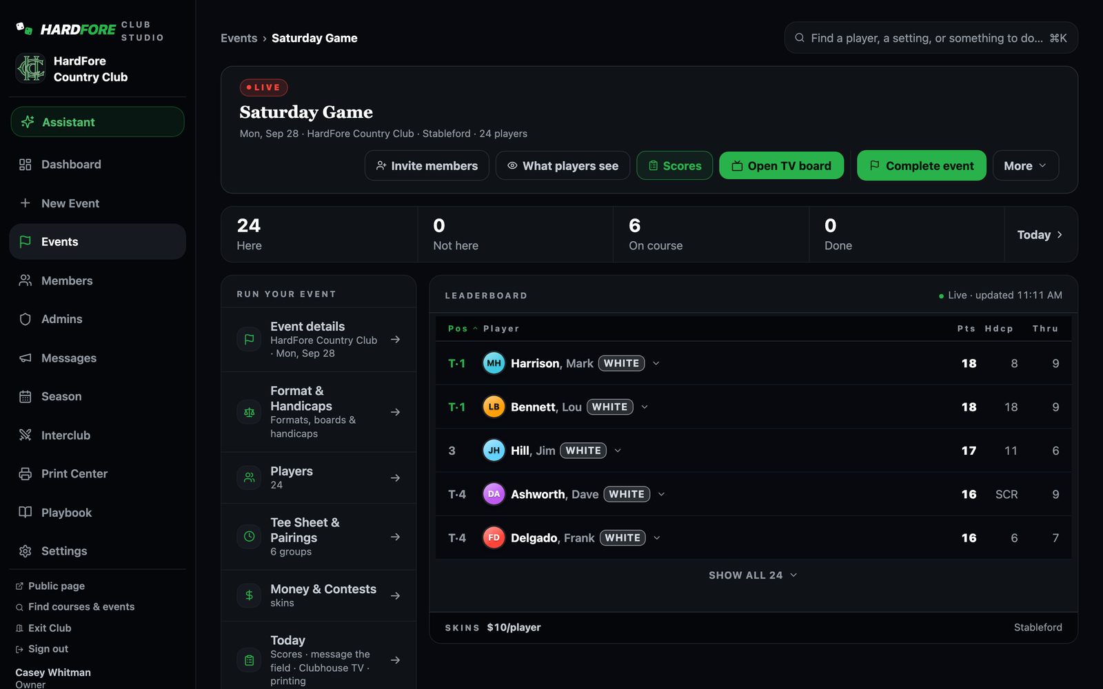 An event page in Club Studio, shown with the club’s Saturday Game: the run-your-event doors on the left, including Players, and the live leaderboard