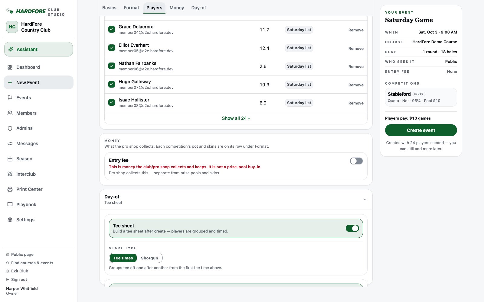 Day-of: Tee sheet enabled with Tee times selected; groups are built after creation